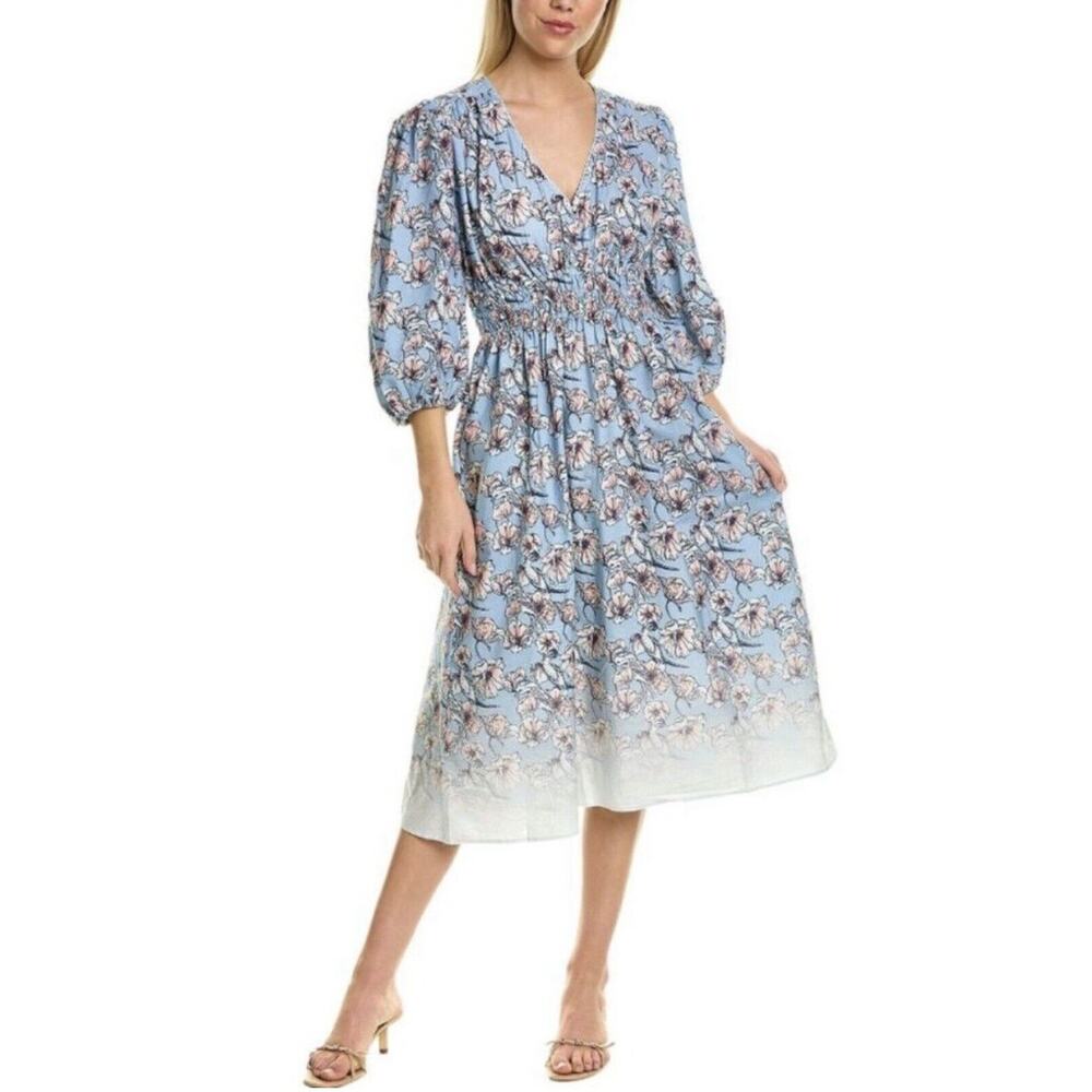 St. Roche Auberon‎ Dress Balloon Sleeves Midi V-Neck Floral Blue Pink Size 4 NEW